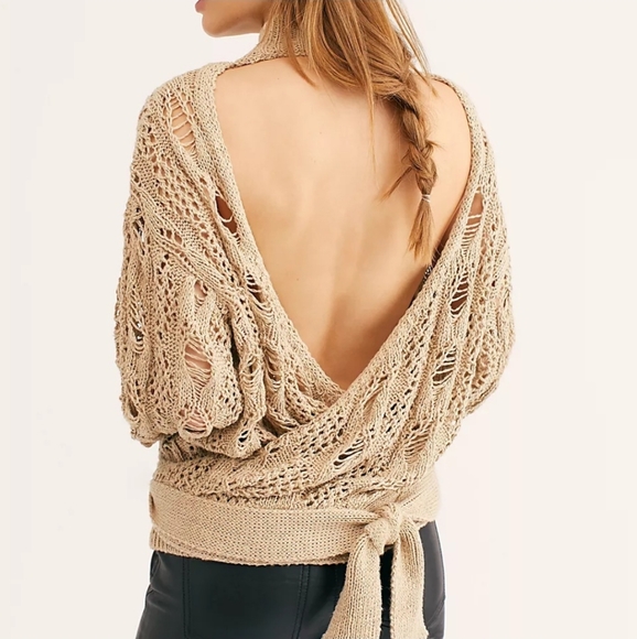 NWT Free People FP Beach Baja Sur Pullover Knit Wrap Tan Sweater Size Medium - Picture 2 of 5